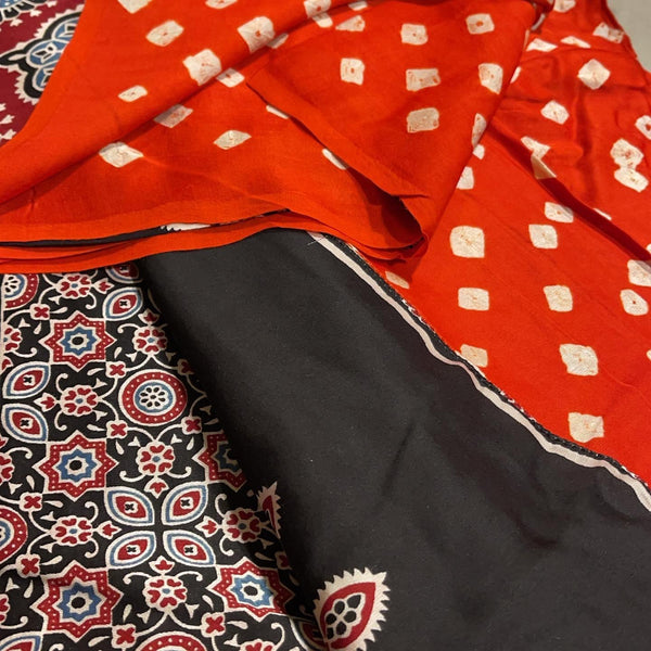 Rust Red Bandhani with Ajrakh Hand block print with Natural dye on Modal silk