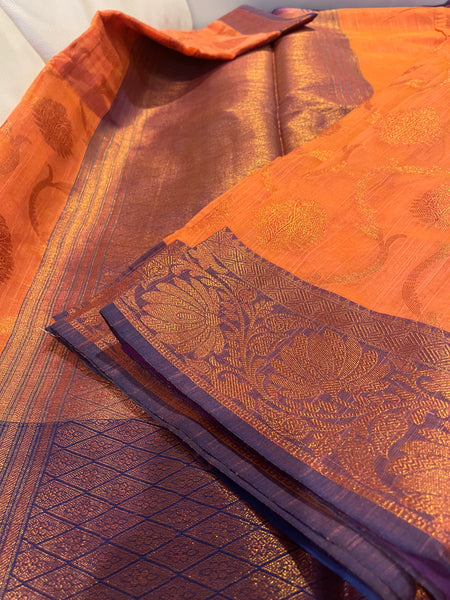 Coral Pink and Purple Handloom Brocade Cotton Silk Saree
