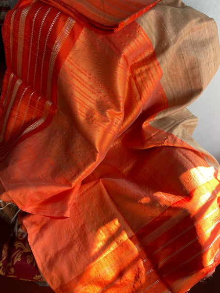 Pure Ghicha Tussar Silk Ikkat Saree in Orange