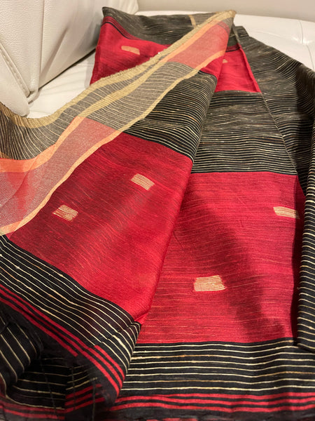 Red, Black, and Beige Pure Handloom Saree