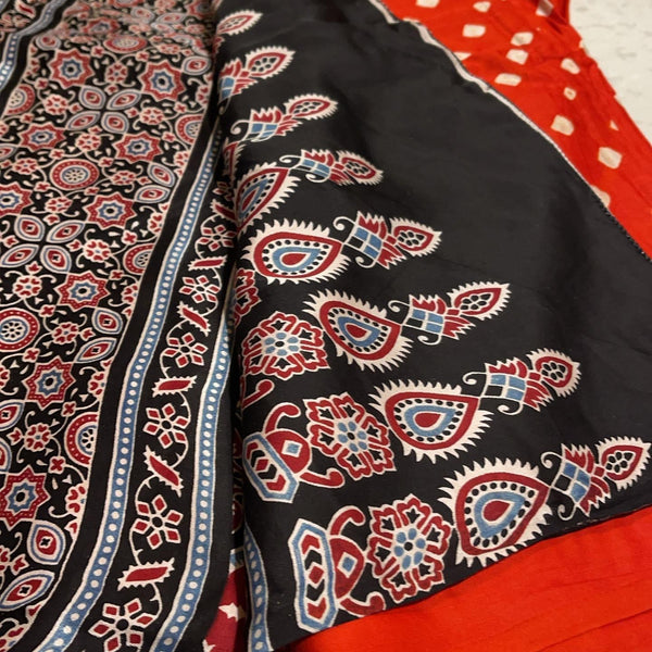 Rust Red Bandhani with Ajrakh Hand block print with Natural dye on Modal silk