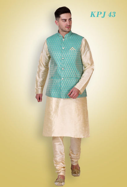 Mens Cream Color Silk Kurta Pajama With Brocade Nehru Jacket