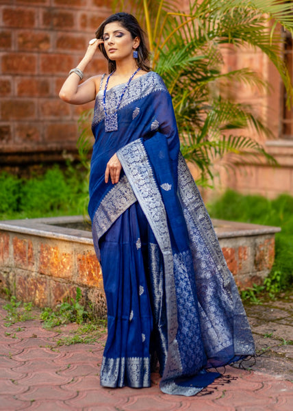 ROYAL BLUE LINEN JAMDANI WORK SAREE