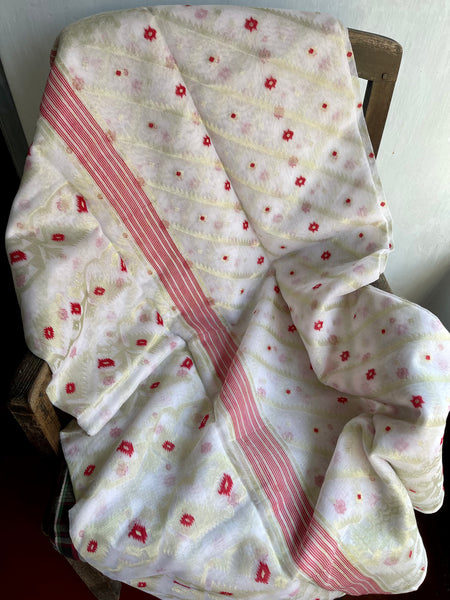 WHITE COTTON PURE JAMDANI SAREE WITH BENARASI PIPING
