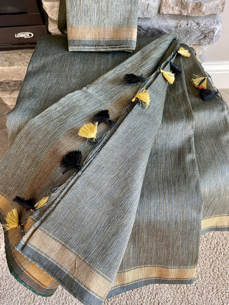 Grey Tussar Handloom Silk Saree
