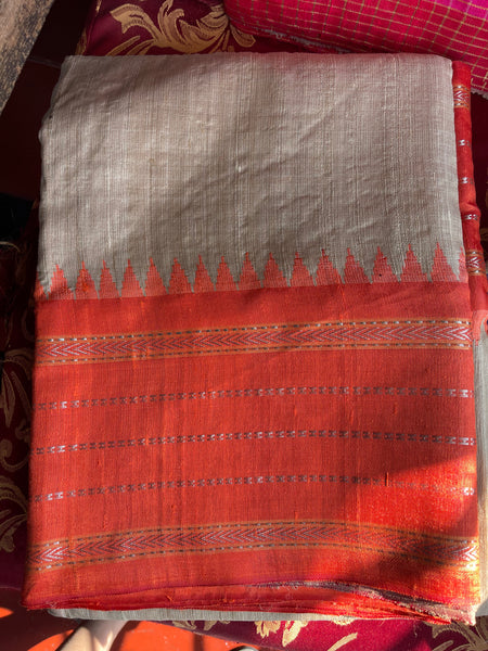 Pure Ghicha Tussar Silk Ikkat Saree in Orange