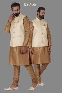 Men's Tan Gold Color Silk Kurta Pajama With Off White Jacket
