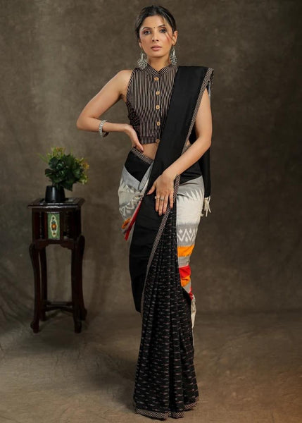 Black Ikkat Cotton Saree with White and Grey Combination Pallu
