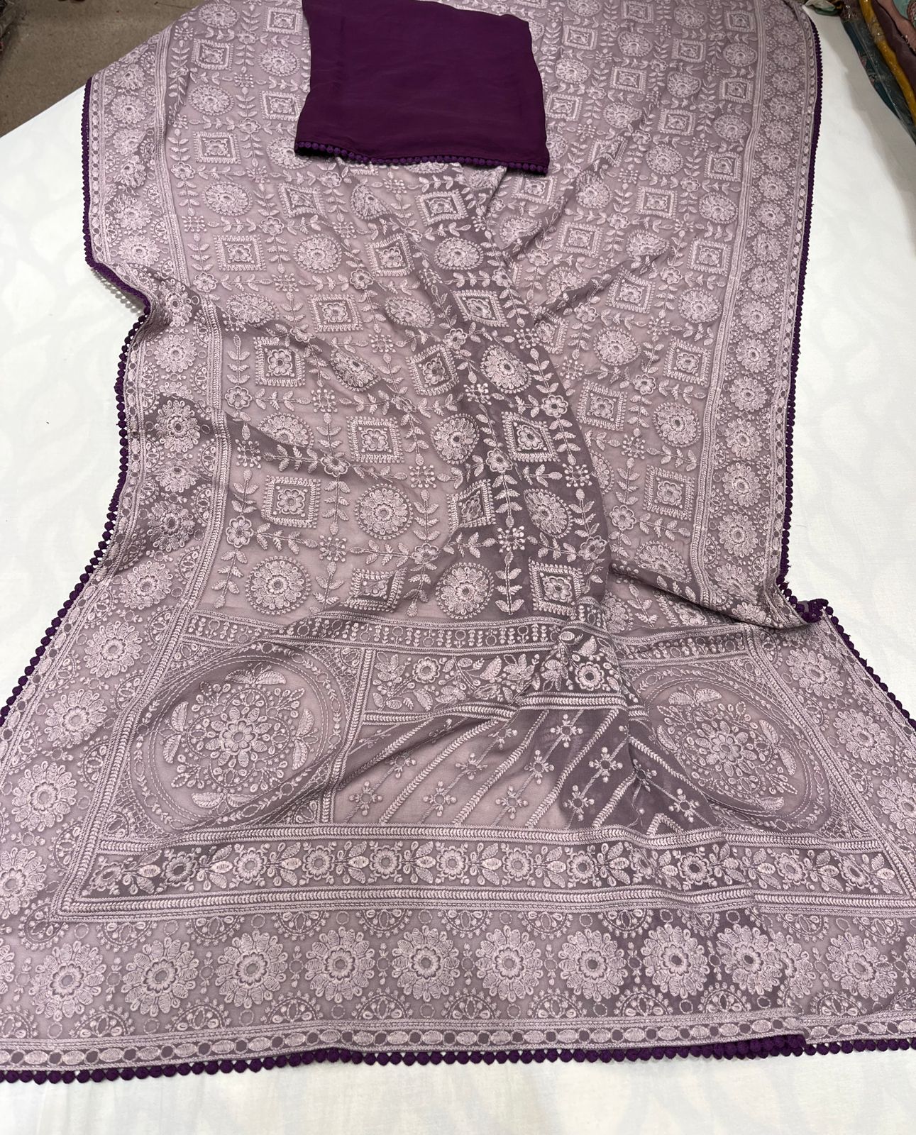 Purple Lavender Chikankari on Georgette with Contrast Lace