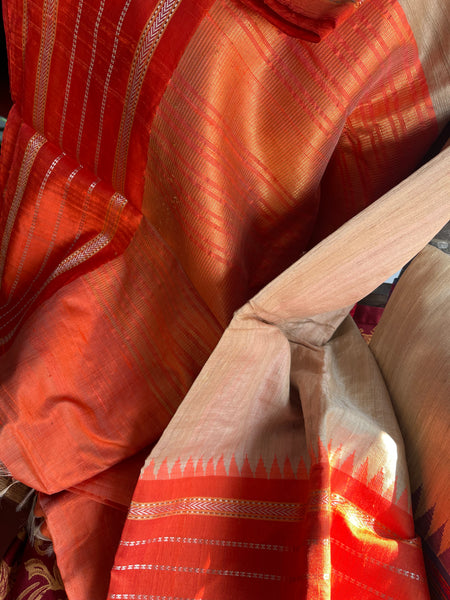 Pure Ghicha Tussar Silk Ikkat Saree in Orange