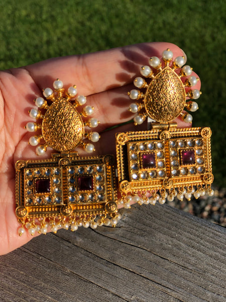 Gold Plated Antique Gold Chandbali Earrings with Pearl & Colored Glass Twist