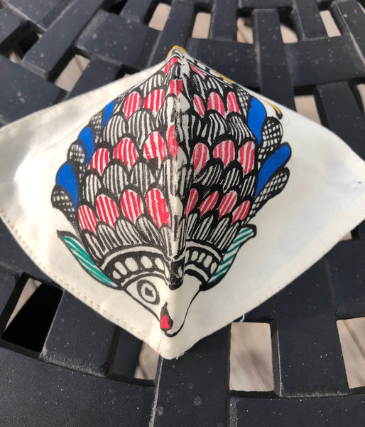 Two Ply Organic Cotton Fashion Mask with Hand-Painted Madhubani motives, Washable and Reusable Face Mask