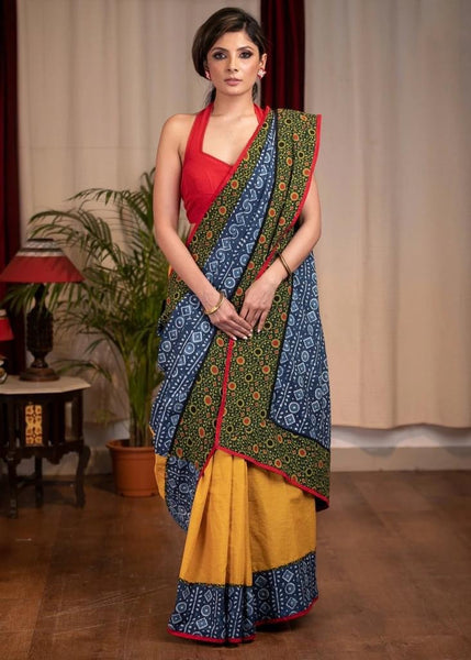 INDIGO & MUSTARD COTTON COMBINATION SAREE WITH AJRAKH BORDER