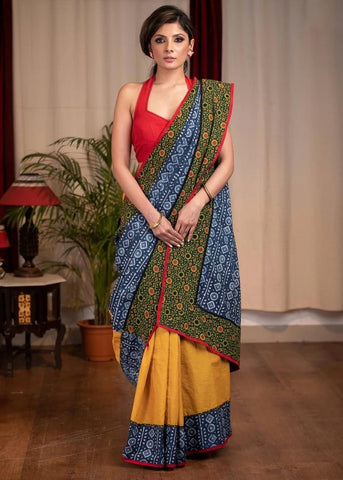 INDIGO & MUSTARD COTTON COMBINATION SAREE WITH AJRAKH BORDER