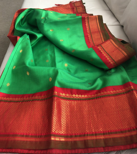 Parrot Green & Red Pure Silk Gadhwal Saree