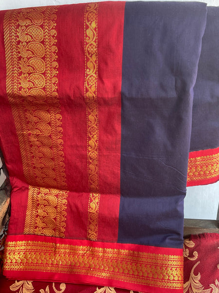 Navy Blue and Red Pure Handloom Cotton Silk Saree