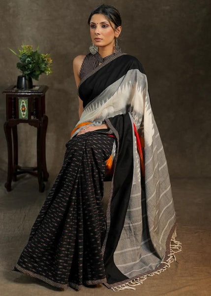 Black Ikkat Cotton Saree with White and Grey Combination Pallu