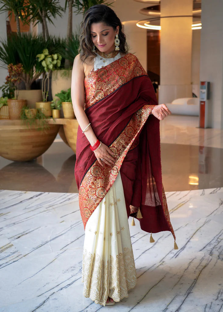 COTTON EMBROIDERED WHITE SAREE WITH MAROON BANARASI BORDER