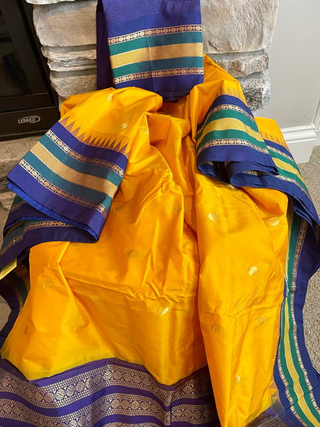 Yellow and Purple Kanchipuram Naali Silk Saree