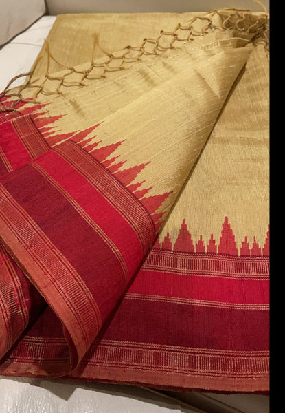 Pure Tussar Dupion Silk in Tan with Red and Maroon Golden Temple Border with Tassels