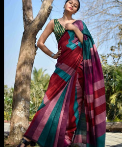 Maroon Multicolor Handloom cotton saree