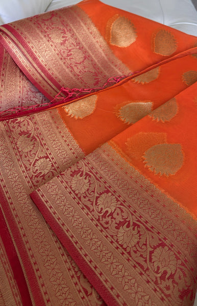 Orange and Pink Kora Maheshwari Silk Saree