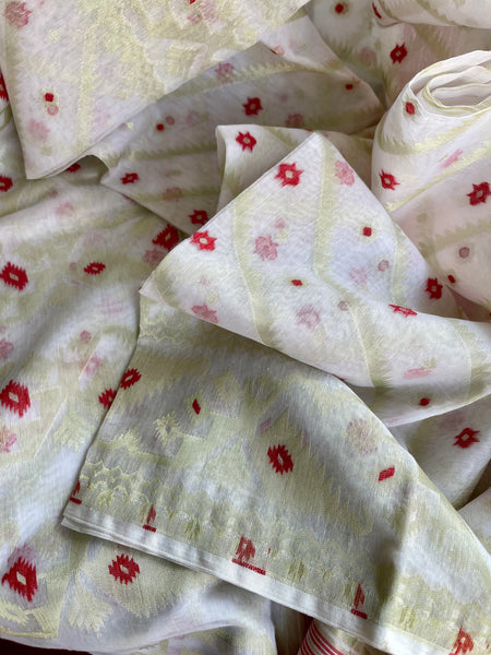 WHITE COTTON PURE JAMDANI SAREE WITH BENARASI PIPING