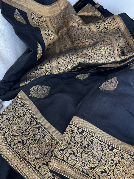 Black, Gold, Silver Dual Tone Muga Silk Saree