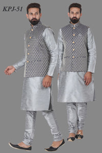 Silver Grey Kurta Pajama Set with Navy Blue Nehru Jacket