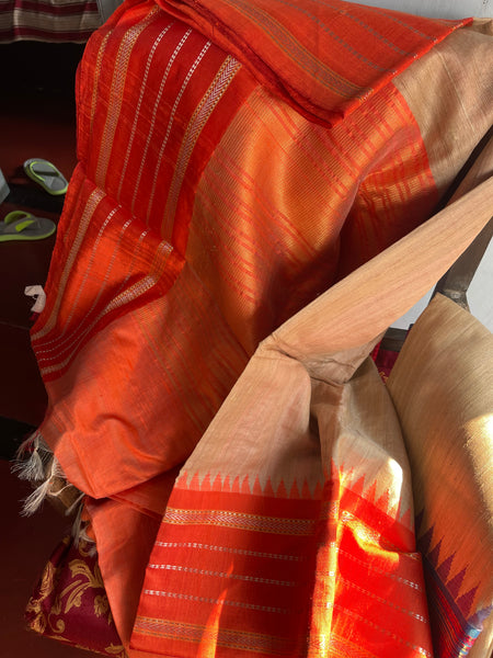 Pure Ghicha Tussar Silk Ikkat Saree in Orange