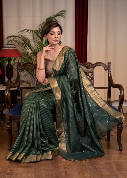 STRIPED OLIVE GREEN KOTA SILK SAREE