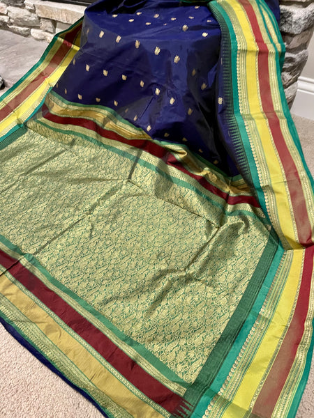 Navy Blue, Green, and Gold Kanchipuram Naali Silk Saree