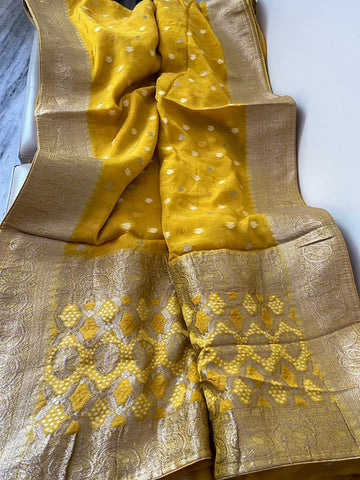 Yellow Crepe Khaddi with Bandhej Weaving Silk Saree