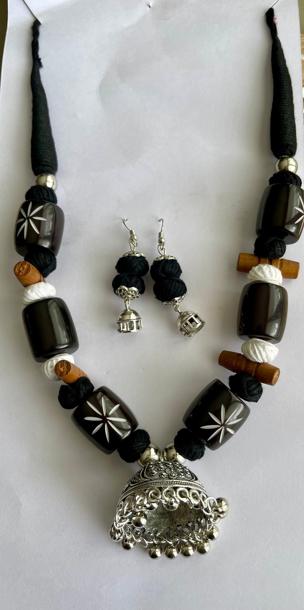Black Stone German Silver Necklace with Earrings
