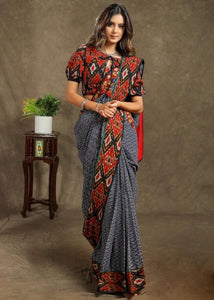 BLUE COTTON IKKAT CHECKS SAREE WITH COMBINATION OF KALAMKARI AND AJRAKH BORDER