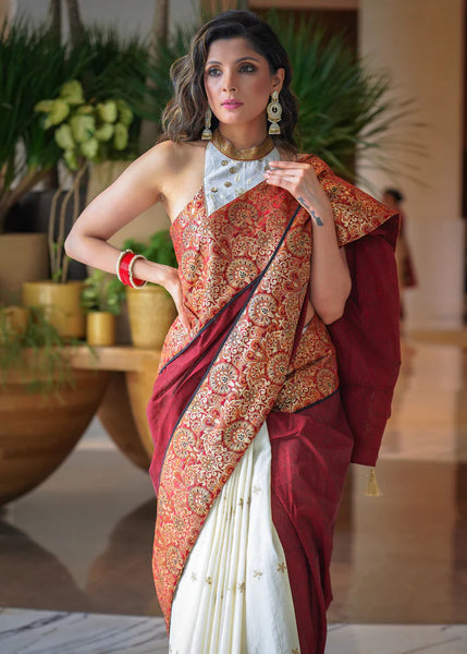 COTTON EMBROIDERED WHITE SAREE WITH MAROON BANARASI BORDER