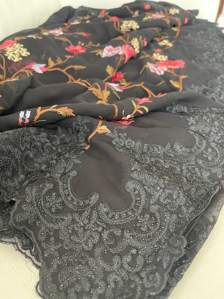 Black Georgette Chiffon with Lace and Embroidery