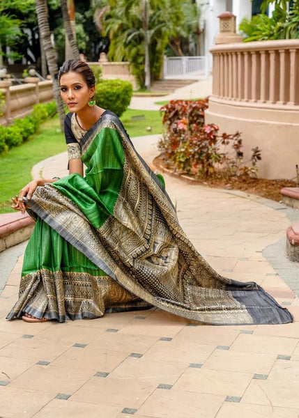 GREEN PURE GHICHA SILK HANDPAINTED MADHUBANI SAREE