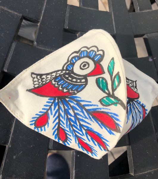 Two Ply Organic Cotton Fashion Mask with Hand-Painted Madhubani motives, Washable and Reusable Face Mask