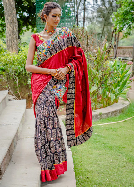 COTTON AJRAKH SAREE WITH INTRICATE MADHUBANI HAND PAINTED BORDER