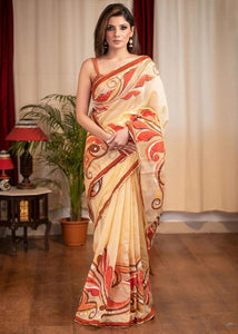 BEIGE CHANDERI SAREE WITH HAND PAINTED ALPANA WORK & ZARDOSI BOOTI