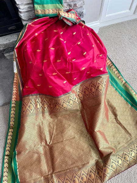 Red, Green, and Gold Kanchipuram Naali Silk Saree