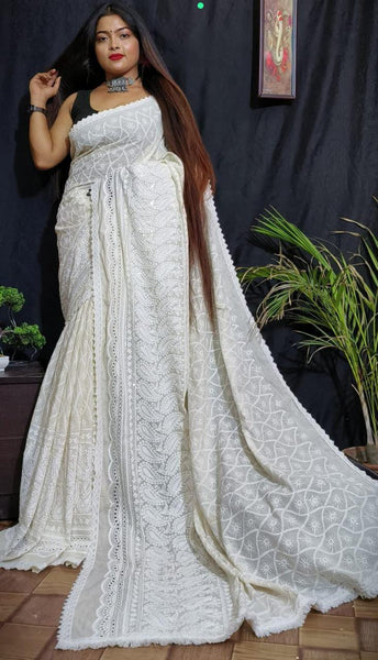 Pure Cotton Luknowi Chikankari Beige and White Saree