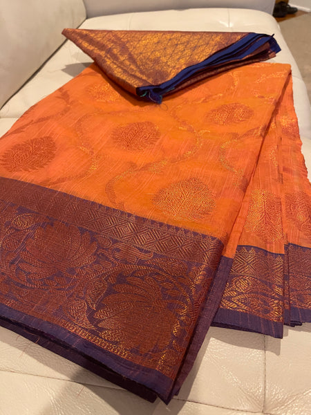Coral Pink and Purple Handloom Brocade Cotton Silk Saree