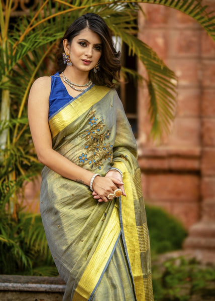 YELLOW PURE LINEN SAREE WITH HAND EMBROIDERY