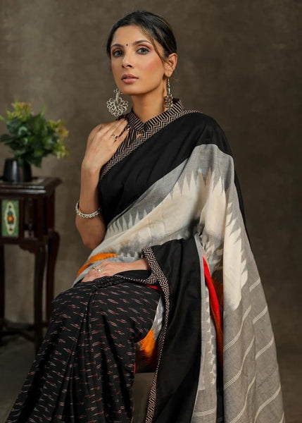 Black Ikkat Cotton Saree with White and Grey Combination Pallu