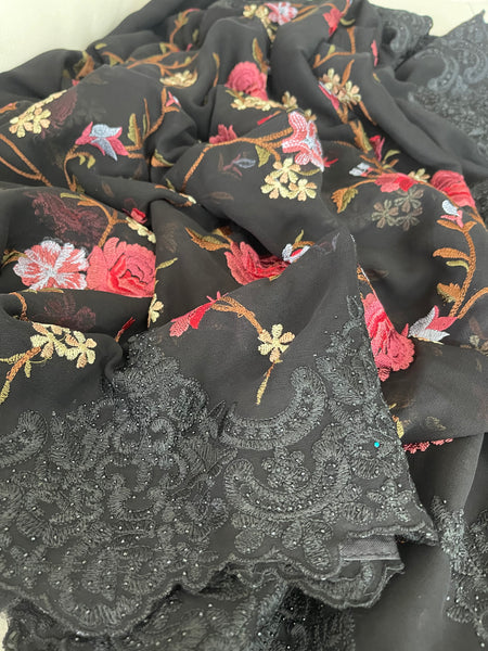 Black Georgette Chiffon with Lace and Embroidery