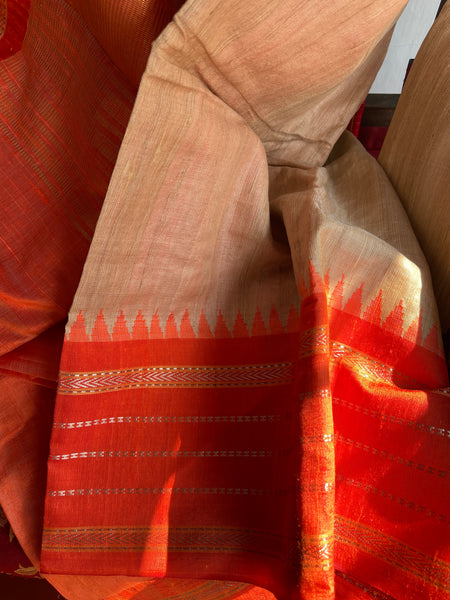 Pure Ghicha Tussar Silk Ikkat Saree in Orange