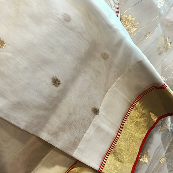 White and Red Chanderi Cotton Silk Saree