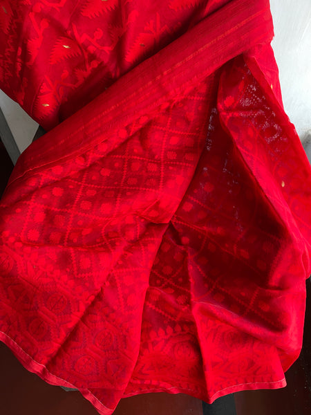Pure Red Jamdani Weave Saree with Golden Buttas all over with Golden Butta Aachal